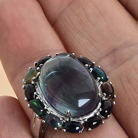 Natural Fluorite & Black Opal 925 Sterling Silver Ring Sz 7.25 - Picture 4 of 14